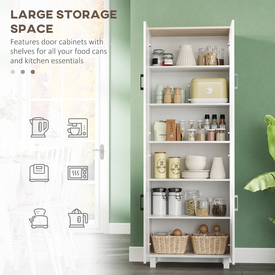 image 1 of HOMCOM Freestanding Kitchen Cupboard, 4-Door Storage Cabinet with Adjustable Shelves, Modern Kitchen Pantry for Dining Room, 170cm, White