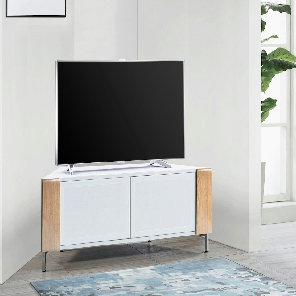 image 1 of MDA Designs CORVUS Corner-Friendly Gloss White Contemporary Cabinet with Oak Profiles White BeamThru Glass Doors Suitable for Flat Screen TVs up to 50" | Multi | 1