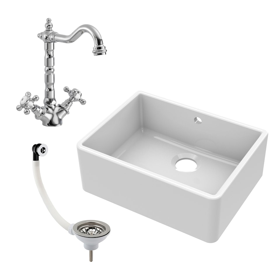image 1 of Fireclay 595mm Single Bowl Butler Kitchen Sink with Overflow, Classic Tap & Waste in White Ceramic by Balterley