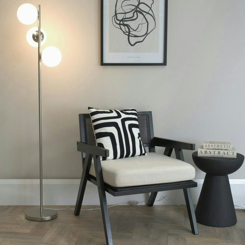 image 1 of ValueLights Jas Opal White Frosted Glass Globe Shades 3 Way Silver Chrome Floor Lamp with LED Bulbs
