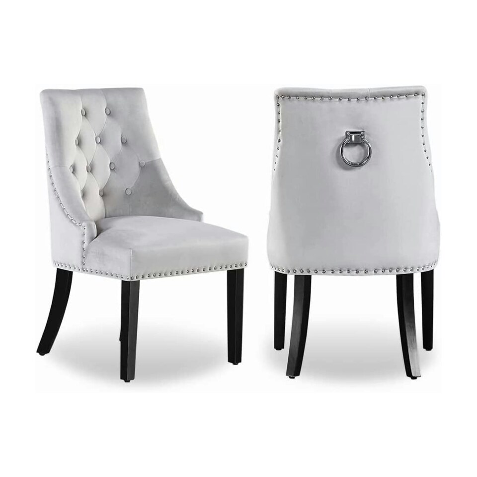 image 1 of Set of 2 Velvet Dining Chairs Ergonomic Scoop Knockerback & Button Tufted Wood Legs Blue