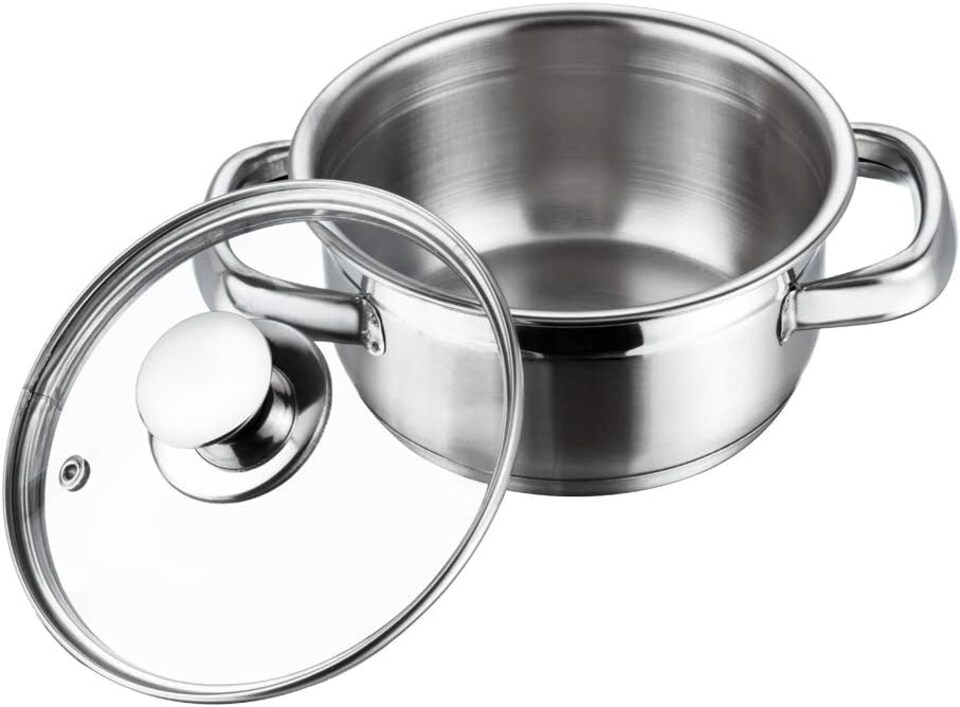 image 1 of Vinod Cookware Two Tone Stainless Steel Sauce Pot with Glass Lid - Steam Vent, Sturdy Handle Induction Bottom (14cm , 1 ltr) | Multi