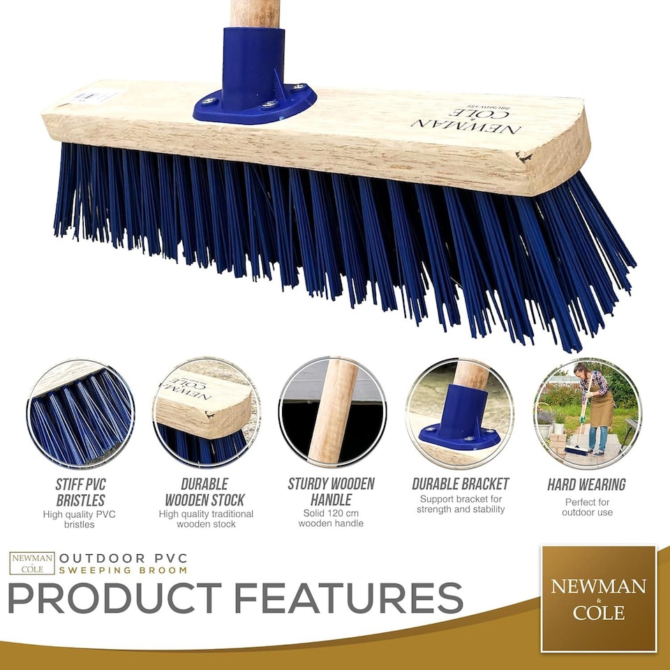 image 1 of 15" Heavy Duty Outdoor Broom with Stiff PVC Bristles and Long Wooden Handle
