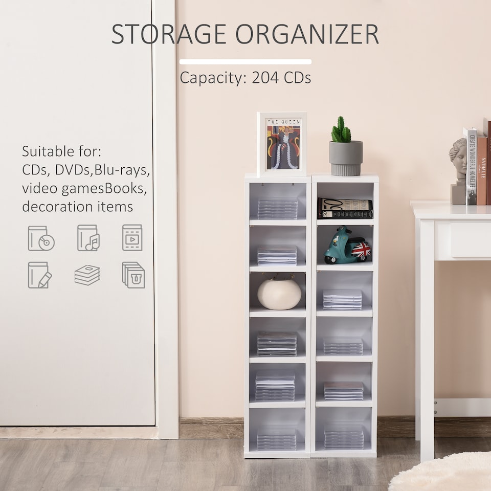 image 1 of HOMCOM 204 CD Media Display Shelf Unit Set of 2 Blu-Ray Tower Rack w  Adjustable Shelves Bookcase Storage Organiser, White