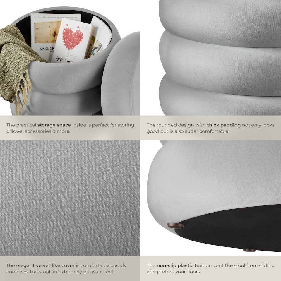 image 1 of Stool Altu - padded seat, large storage space | Grey | velvet look grey | 42 x 42 x 47 cm | 1