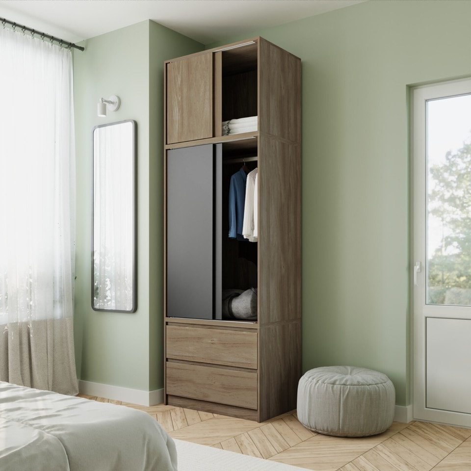image 1 of 240cm 2 Sliding Doors Wardrobe Bedroom Storage Closet Hanging Rail Cupboard Unit | Multi | Oak Carcass & Black Doors | 1