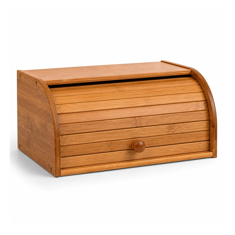 image 1 of Single Layer Roll Top Bamboo Wooden Bread Bin Kitchen Storage | Brown