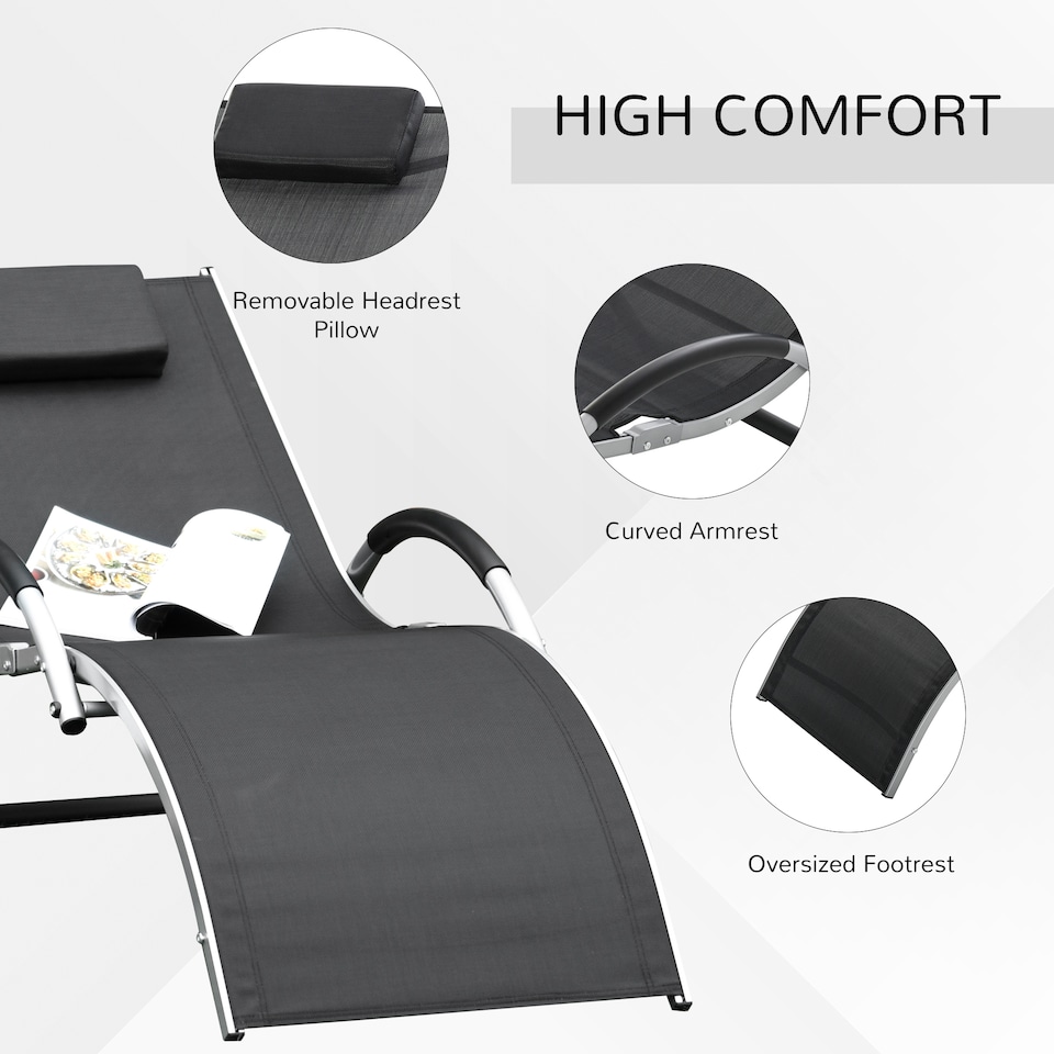 image 1 of Outsunny Sun Lounger Reclining Chair Portable Armchair with Pillow for Garden Patio Outside Aluminium Frame, Black