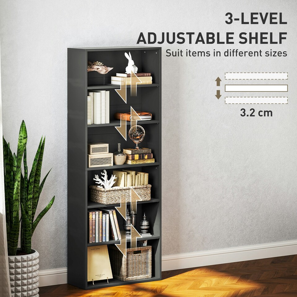 image 1 of HOMCOM 6 Tier Bookshelf, Freestanding Bookcase with Adjustable Shelves, Black