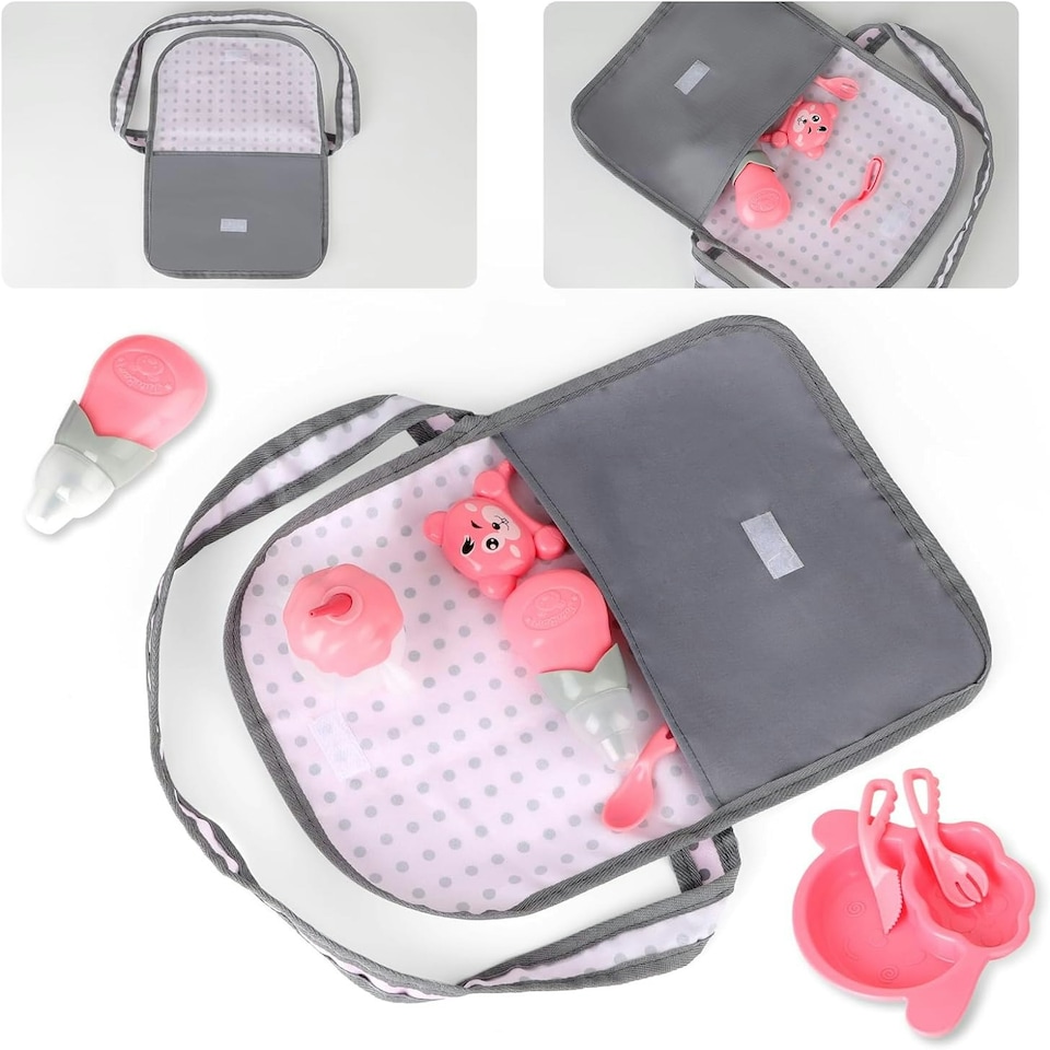 image 1 of 5-in-1 Baby Doll Accessories Play Set – Pink Stroller, Cot, Play Mat, Bouncer & Travel Bags Fits 12"–14" Dolls (Doll Not Included)