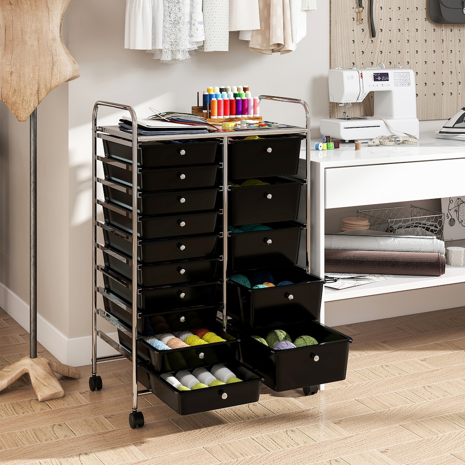 image 1 of COSTWAY 15 Drawer Rolling Storage Cart with Lockable Wheels Black