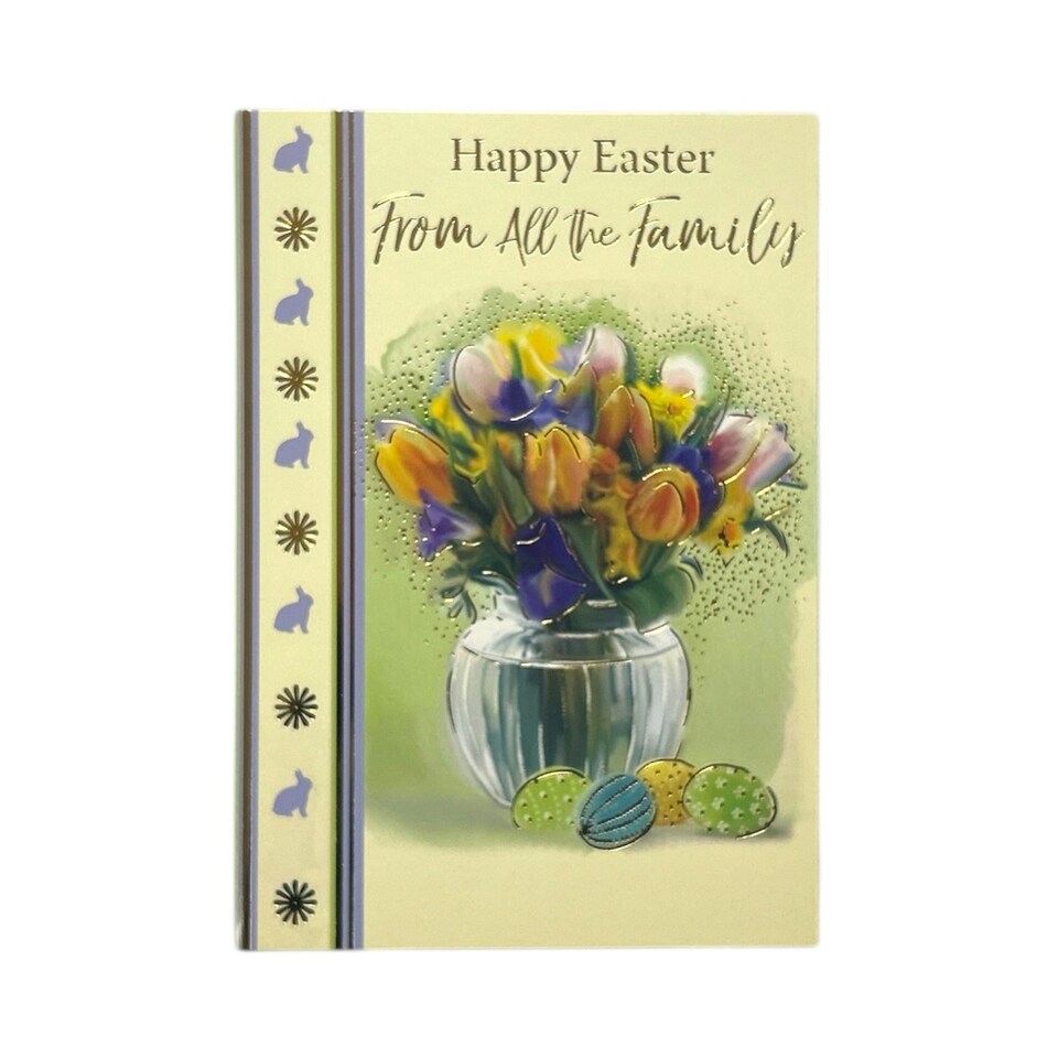 image 1 of From All The Family Flower Pot And Colourful Eggs Design Easter Card