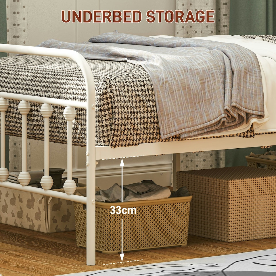 image 1 of HOMCOM 3ft Metal Single Platform Bed Frame w/ Underbed Storage Headboard White