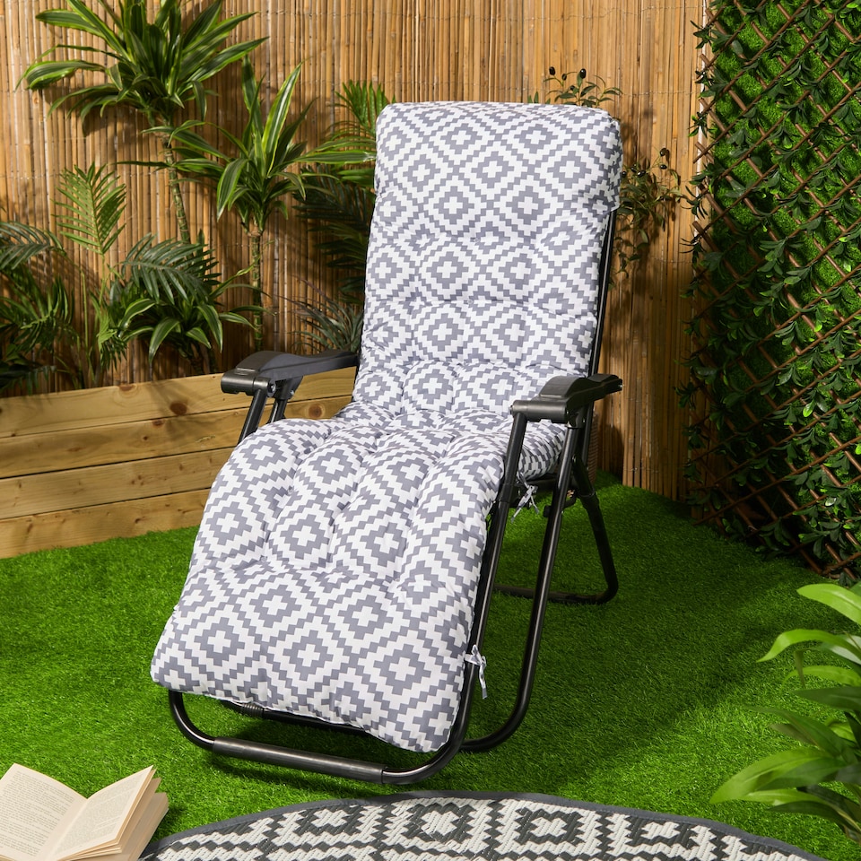 image 1 of OHS 2 x Geometric Print Outdoor Garden Patio Deck Zero Gravity Chair Sun Lounger Soft Thick Plump Comfy Filled Cushion Grey | 160 x 50cm