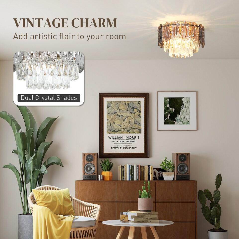 image 1 of HOMCOM Chandelier Ceiling Light, 3-Light Vintage Flush Mount Fixture with Dual Crystal and Smoke Glass Shade, LED Ceiling Light for Living Room Bedroom, 3 E27 Sockets, Bulbs Not Included, Gold Tone