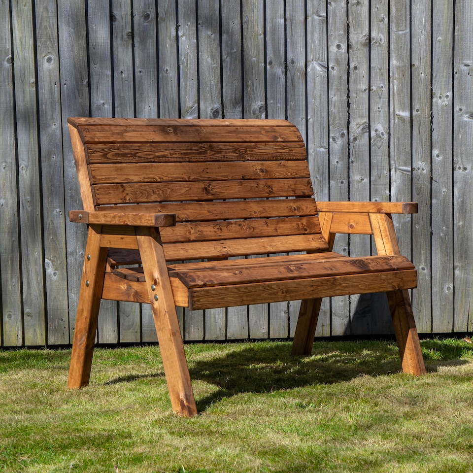 image 1 of 2 Seater Chunky Rustic Wooden Garden Furniture Bench With Coffee Table & Green Cushions