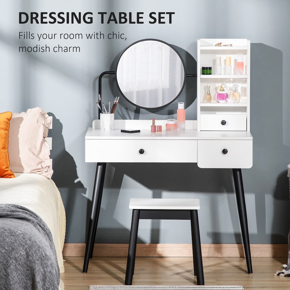 image 1 of HOMCOM Dressing Table Set with Mirror and Stool, Vanity Makeup Table with 3 Drawers and Open Shelves for Bedroom, Living Room, White