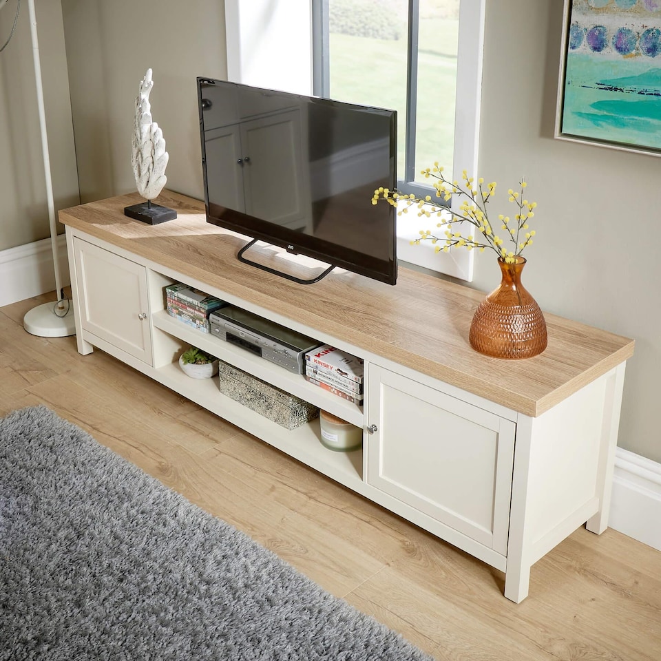 image 1 of Console TV Stand Television Unit Living Room Furniture Oak Solid | White