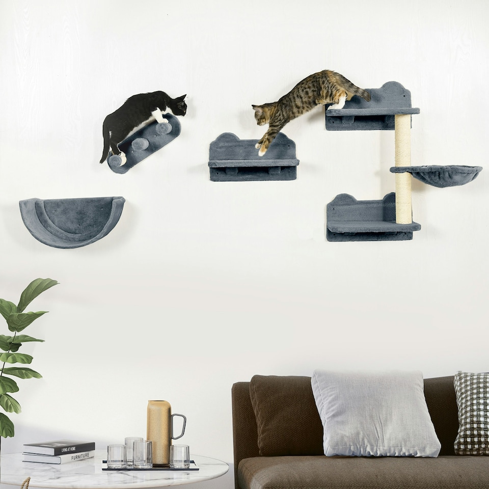 image 1 of PawHut Wall Mounted Cat Tree 4PC Kitten Activity Centre with Sisal, Grey