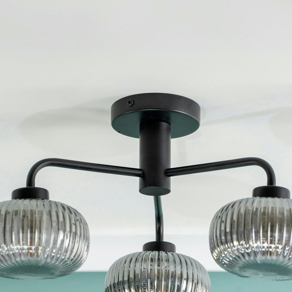image 1 of ValueLights Amaia Matte Black IP44 3 Way Smoked Ribbed Glass Ceiling Light with LED Bulbs