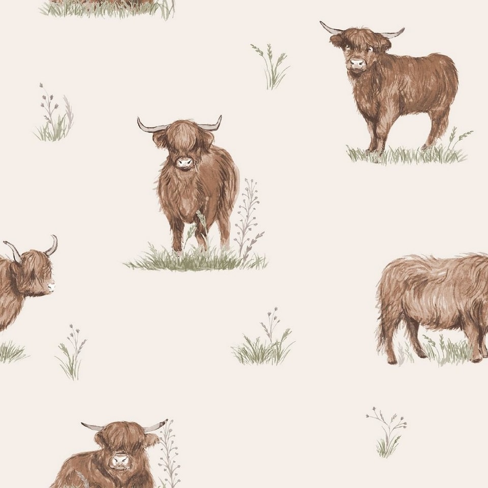 image 1 of Catherine Lansfield Angus Highland Cow Wallpaper | Cream | Cream | 1