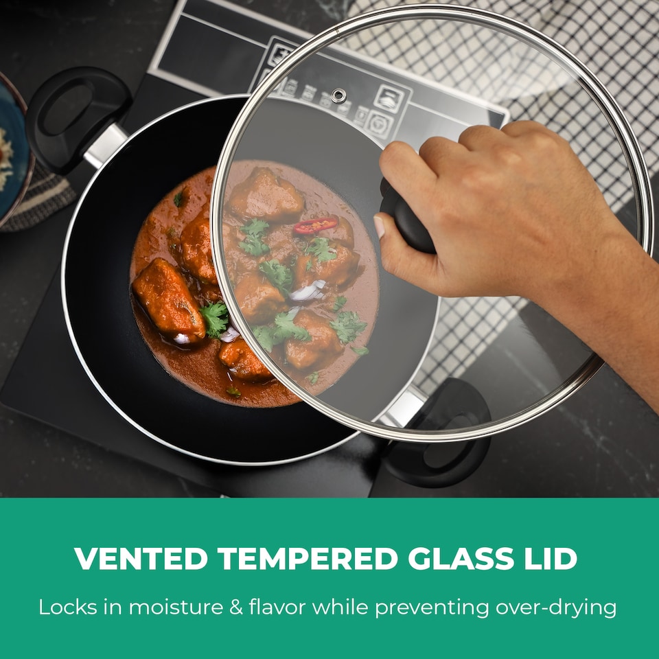 image 1 of Royalford 28cm Aluminium Wok Pan Non-Stick Induction Safe With Glass Lid