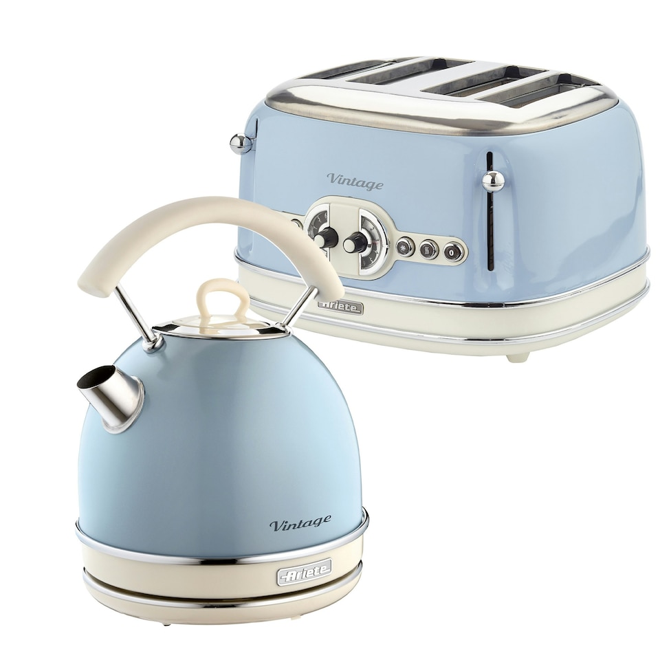 image 1 of Ariete ARPK41 Retro Style Dome Kettle and 4 Slice Toaster Set, Vintage Design, Blue, Stainless Steel