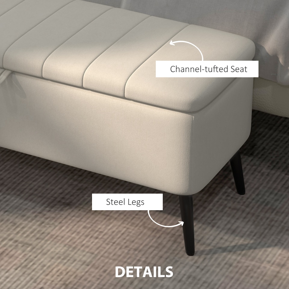 image 1 of HOMCOM Storage Ottoman Bench, Linen Fabric Footstool with Steel Legs Cream White