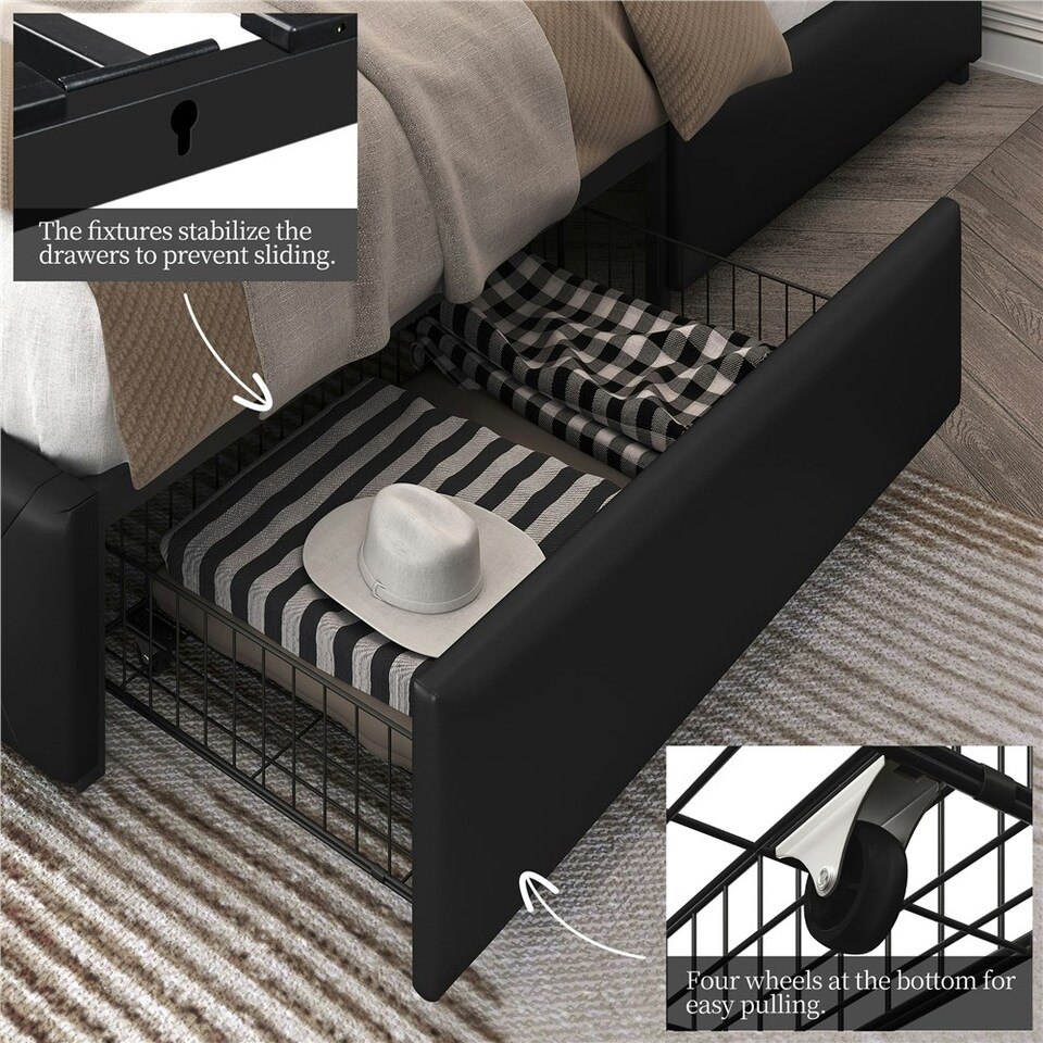 image 1 of Yaheetech 135 cm W x 190 cm L Bed Frame with Adjustable Headboard and 2 Drawers Black