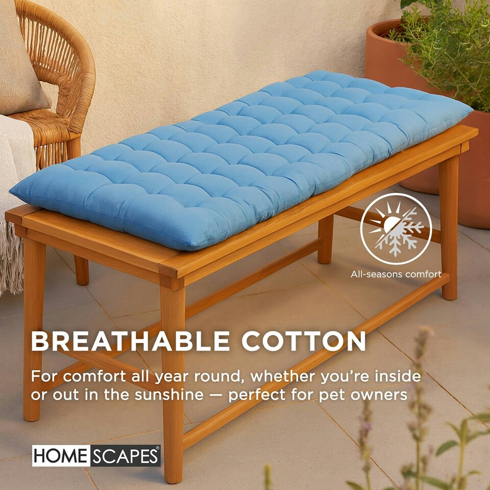 image 1 of Homescapes Garden Bench Cushion Luxury 2 Seater 100% Cotton Indoor Outdoor Seat Pad Blue | 108 x 42 cm