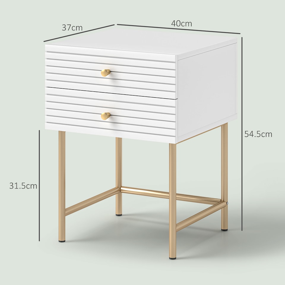 image 1 of HOMCOM Bedside Tables Set of 2, Bedside Cabinet with 2 Drawers, Gold Steel Legs, Modern Side Table with Striped Panel for Bedroom, Living Room, White
