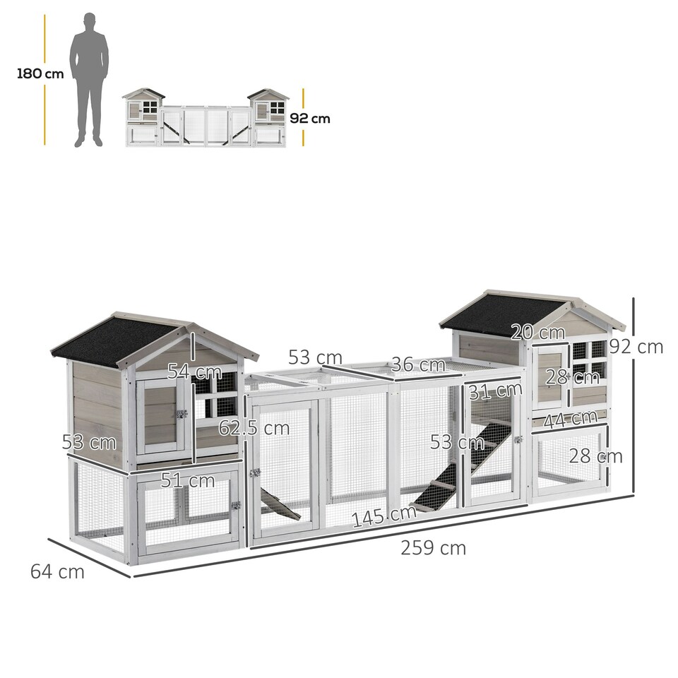 image 1 of PawHut 2 in 1 Rabbit Hutch, Guinea Pig Hutch Outdoor w/ Run & Tray, Grey