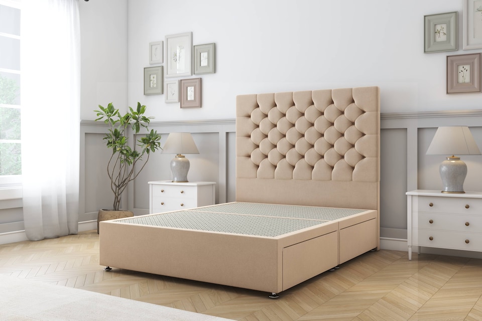 image 1 of Sloomy Mayfair Pebble Plush Divan Bed Base 2 Drawers Same Side With 54 Inch Floor Standing Headboard | Brown | Pebble | Small Single | 1