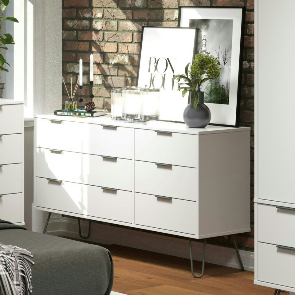 image 1 of Augusta Pine 3+3 Drawer Wide Chest of Drawers - Industrial Style Bedroom Storage Cabinet | White | White | 1