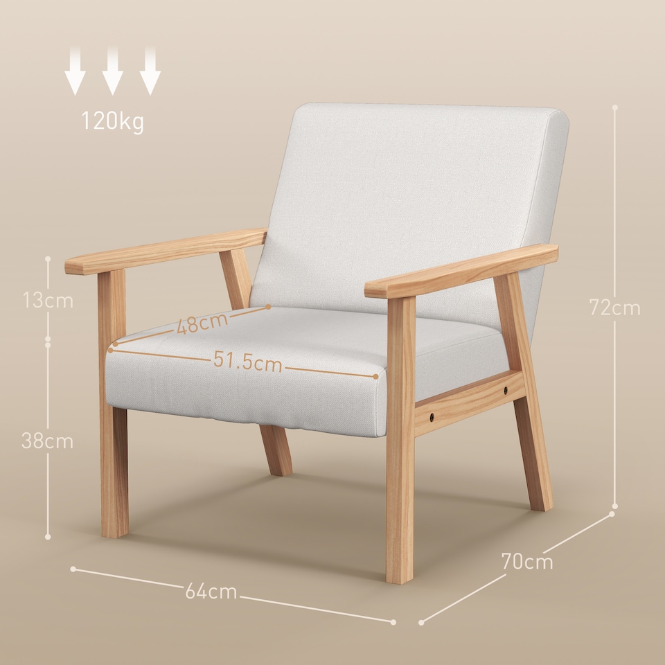 image 1 of HOMCOM Modern Armchair, Linen Upholstered Sofa with Solid Wood Legs and Wide Seat, Accent Chair for Living Room Bedroom Office, Cream White