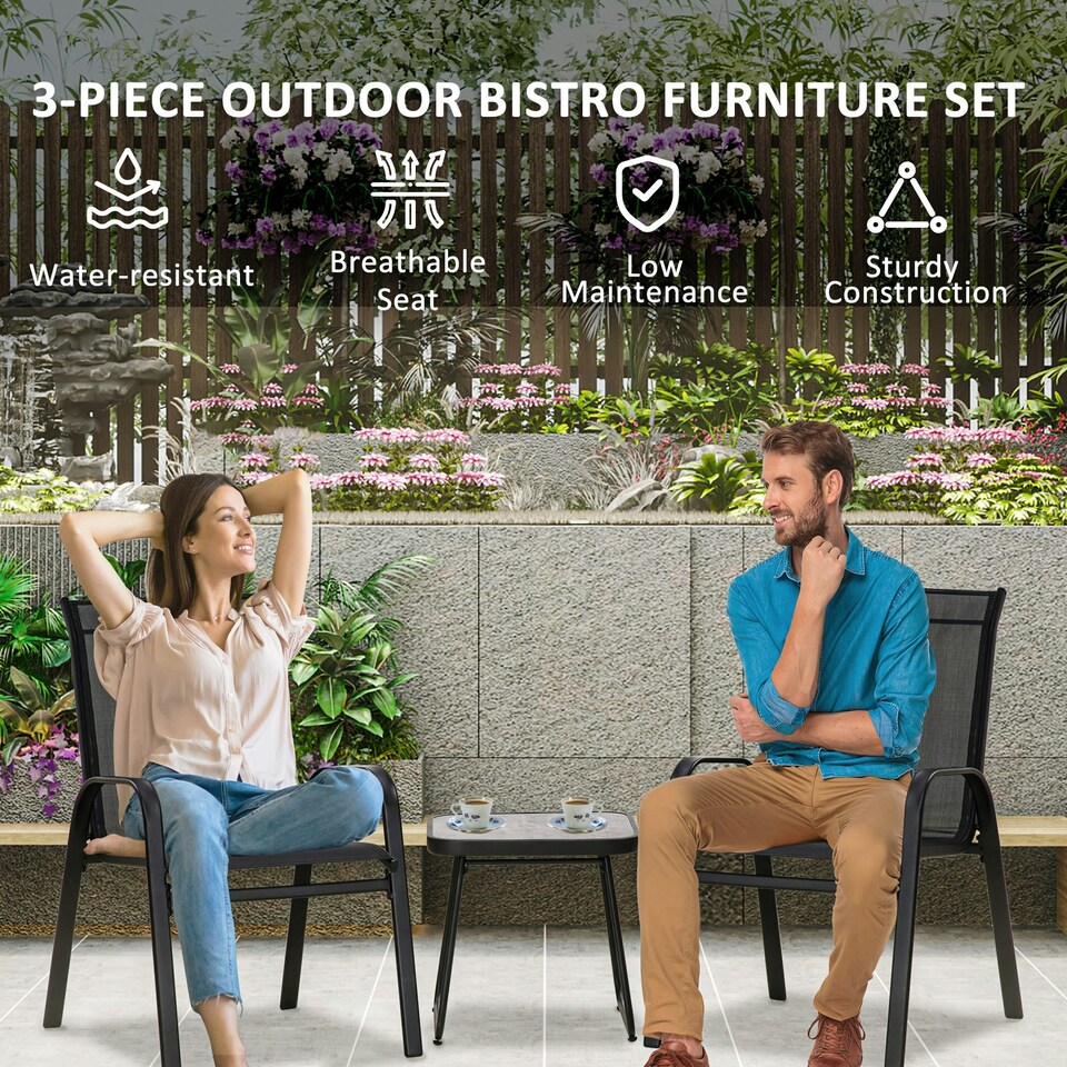 image 1 of Outsunny 3PCs Bistro Set with Breathable Mesh Fabric Stackable Chairs