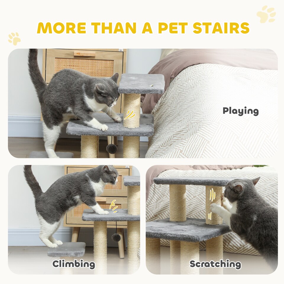 image 1 of PawHut 3 Step Pet Stairs with 6 Sisal Scratching Posts, Grey