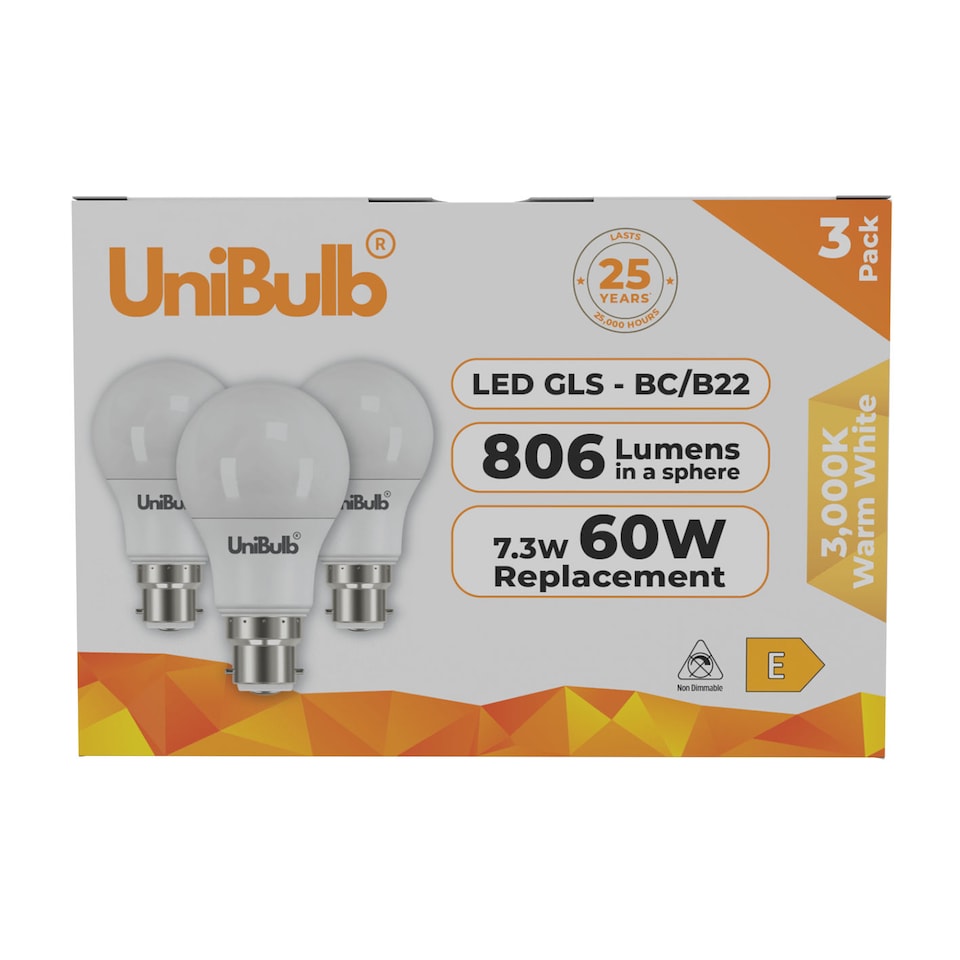 image 1 of UniBulb LED GLS B22 806lm 7.3W 3000K (Warm White) Light Bulb - Pack of 3 | White | Warm White | 3