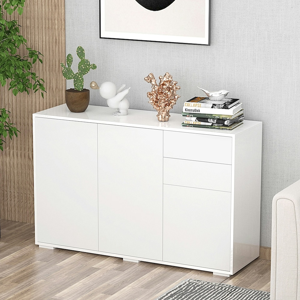 image 1 of HOMCOM High Gloss Frame Side Cabinet with 2 Door and 2 Drawer | Cream