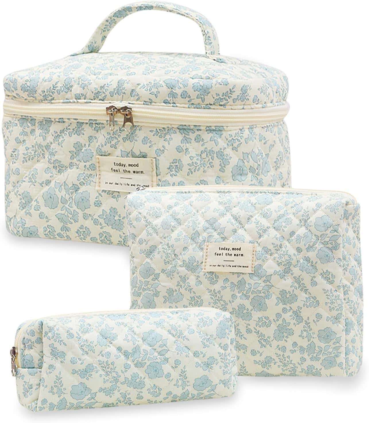 3PCS Makeup Bag, Floral Cotton Cosmetic Bags, Large Capacity Aesthetic Toiletry Bag, Travel Wash Organiser Pouch for Women Girls