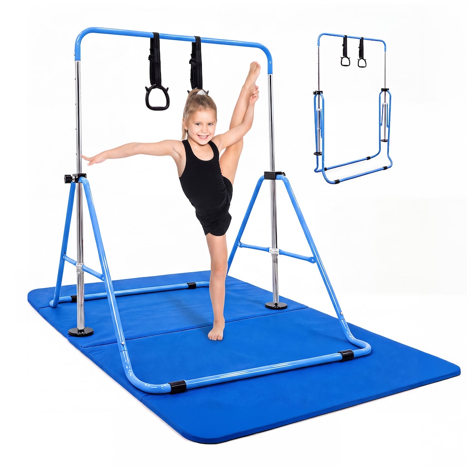 image 1 of Kayman Gymnastics Bar and Floor Mat Set for Kids with Training Rings
