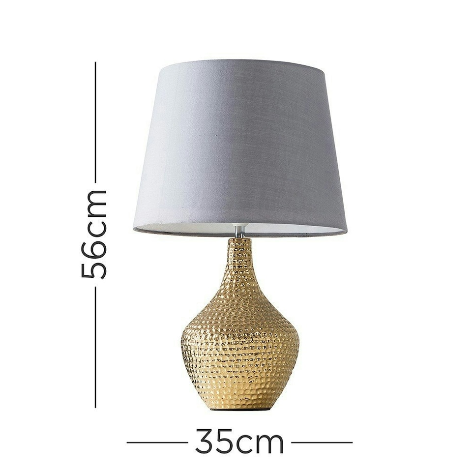 image 1 of ValueLights Pair of - Metallic Gold Indent Textured Ceramic Table Lamps with a Grey Tapered Shade - Complete with 4w LED Candle Bulbs 3000K Warm White Grey