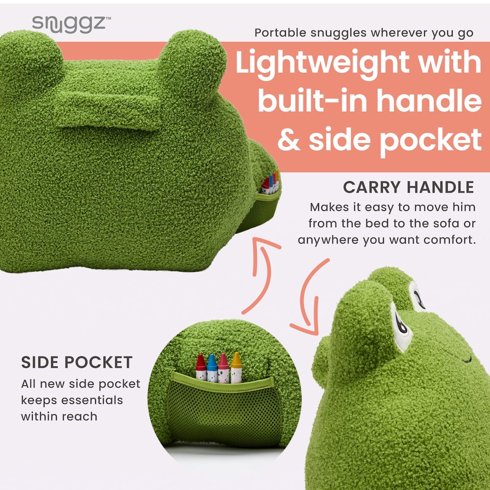 image 1 of Snuggz Frog Cuddle Cushion with Side Pocket with Carry Handle 3D Novelty Design Back Support Soft Cosy Bed Pillow - 59 x 36 x 34 cm