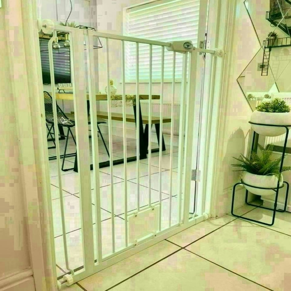 image 1 of Bettacare Pet Gate with Lockable Cat Flap, 75cm - 84cm, White, 104cm in Height