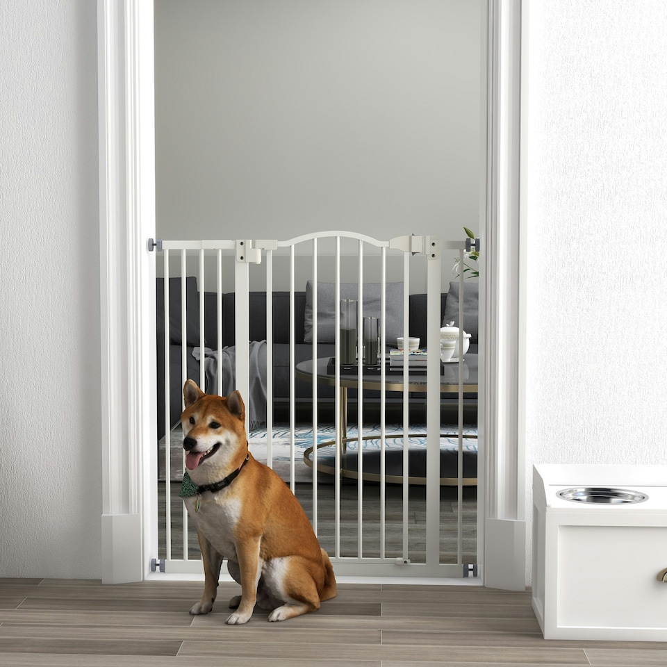image 1 of PawHut 74-94cm Adjustable Metal Pet Gate Safety Barrier w/ Auto-Close Door White
