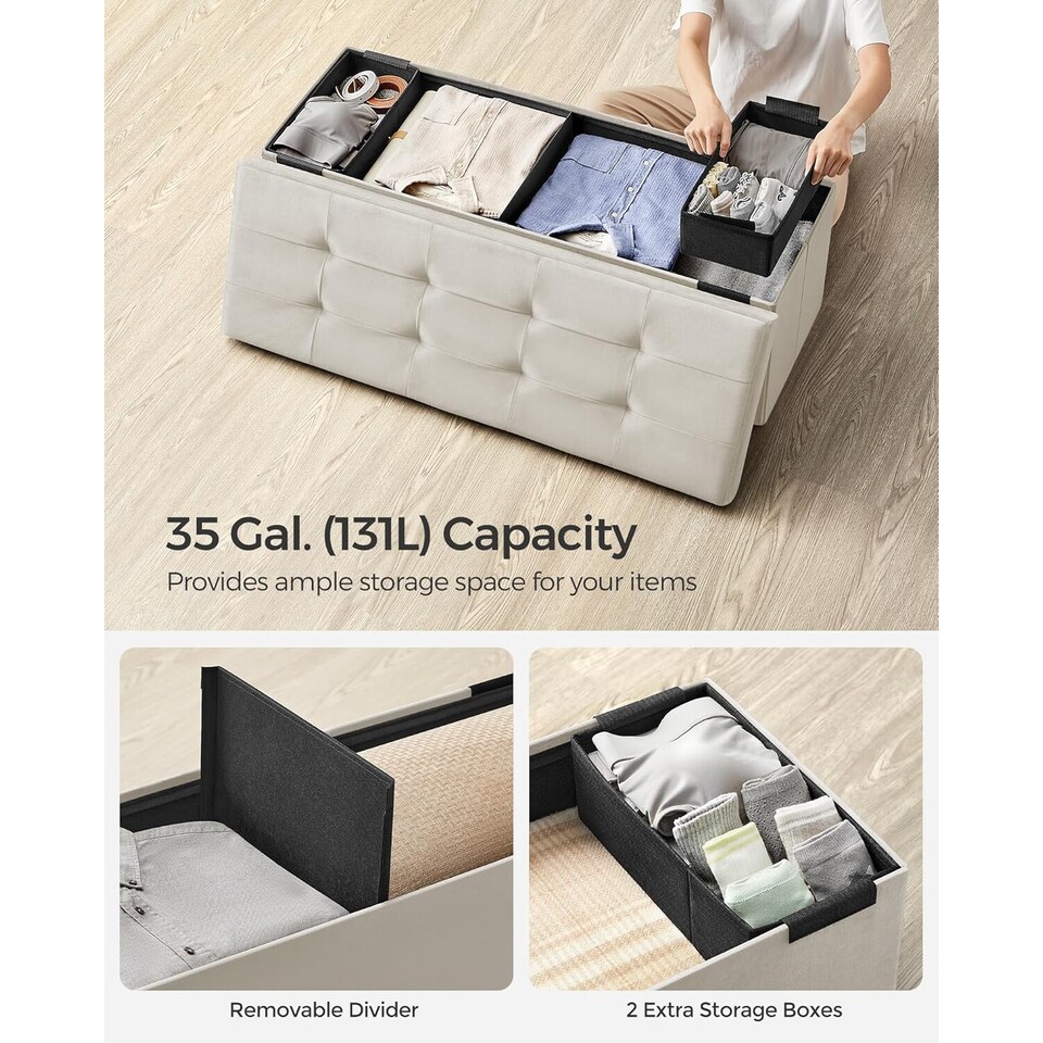 image 1 of Storage Ottoman with Extended Hidden Storage Space, Foldable Velvet Fabric Bench, 110 cm, Cream White