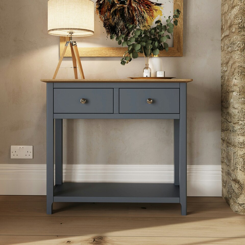image 1 of Taberno Oak 2 Drawer Console Hallway Table Graphite Blue Blue