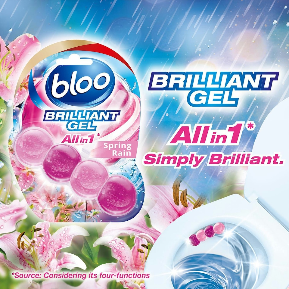 image 1 of Bloo Toilet Rim Blocks Brilliant Gel All in 1 Cleaner Spring Rain Scent, 7x42g