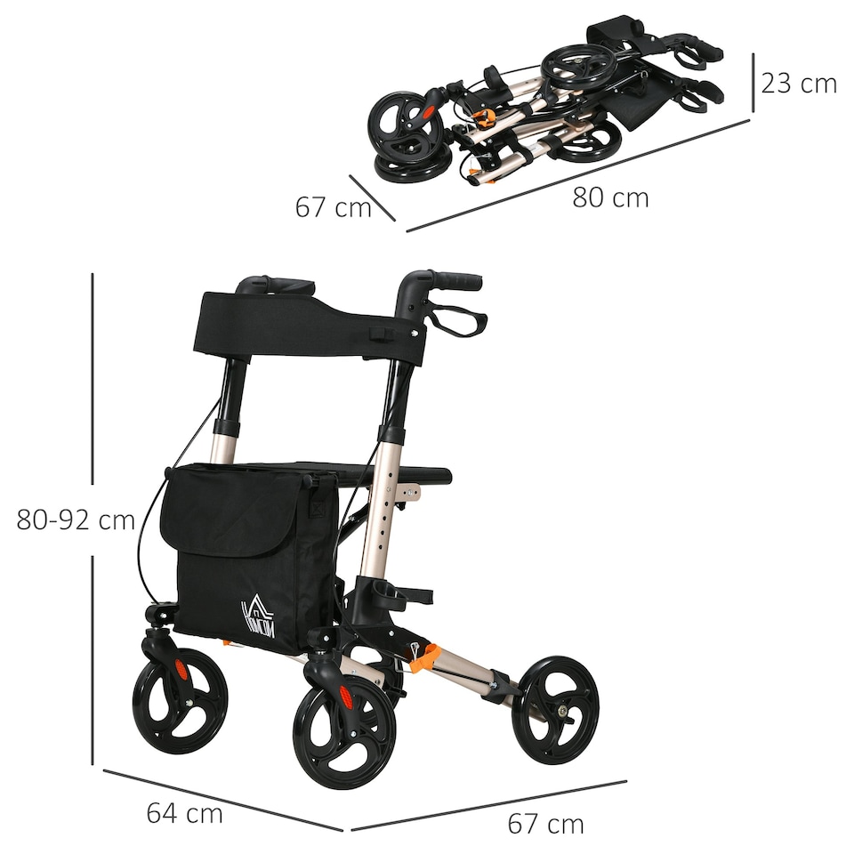 image 1 of HOMCOM 4 Wheel Rollator Walker, Adjustable Mobility Walker with Bag,Gold Tone