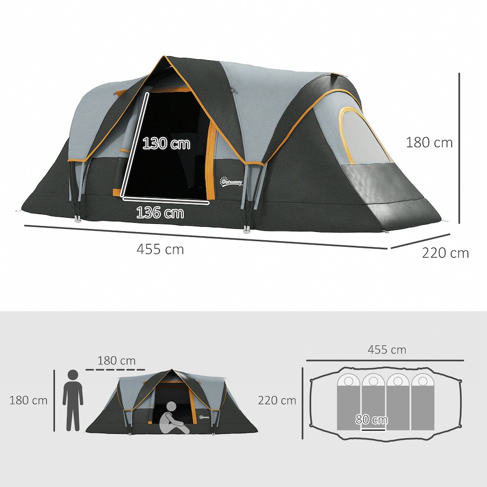 image 1 of Outsunny 5-6 Man Camping Tent with Bag, Fibreglass and Steel Frame, Grey